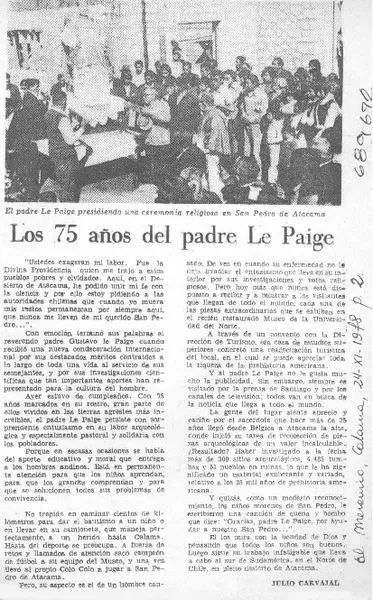 Los 75 años del padre Le Paige.  [artículo] Julio Carvajal.