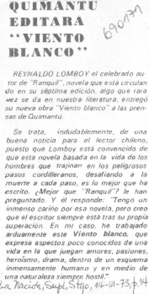 Quimantú editara "Viento blanco".  [artículo]