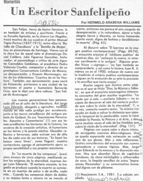 Un escritor sanfelipeño  [artículo] Hermelo Arabena Williams.