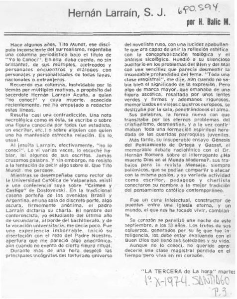 Hernán Larraín, S. J.  [artículo] H. Balic M.