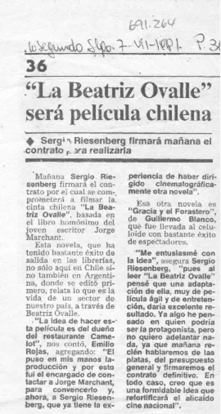 "La Beatriz Ovalle" será película chilena.  [artículo]