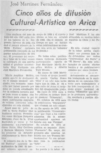 Cinco años de difusión cultural-artística en Arica.  [artículo]