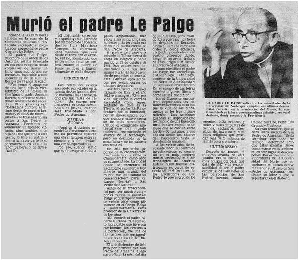 Murió el padre Le Paige.  [artículo]