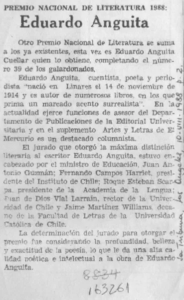 Premio Nacional de Literatura 1988, Eduardo Anguita  [artículo].