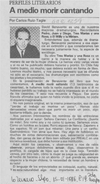 A medio morir cantando  [artículo] Carlos Ruiz-Tagle.