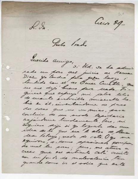 [Carta] 1929 ene. Santiago, Chile [a] Pedro Prado  [manuscrito] Armando Donoso.
