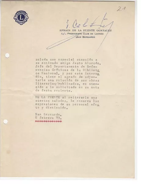 [Carta] 1972 feb. 8, San Bernardo, Chile [a] Justo Alarcón R.  [manuscrito] Efraín de la Fuente González.