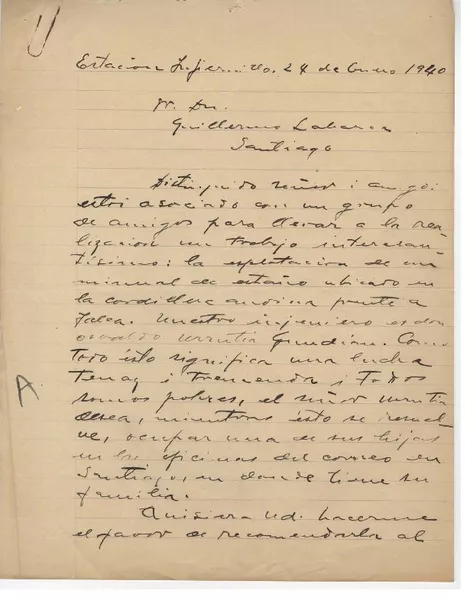 [Carta] 1940 ene. 24, Infiernillo, Chile [a] Guillermo Labarca Hubertson  [manuscrito] Jorge González Bastías.