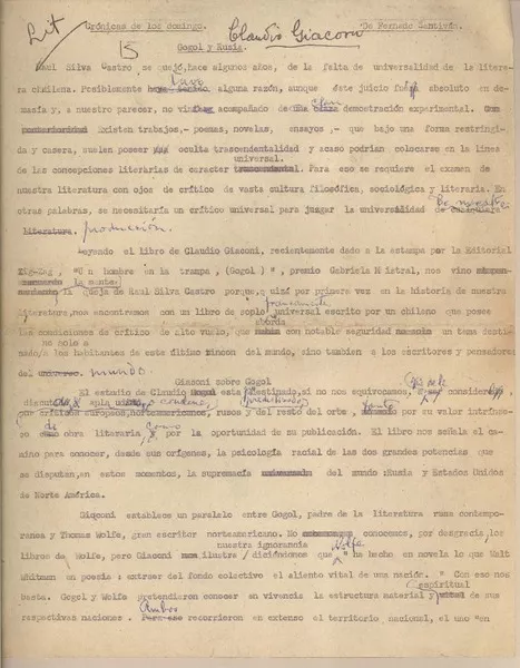 Gogol y Rusia por Claudio Giaconi  [manuscrito] Fernando Santiván.