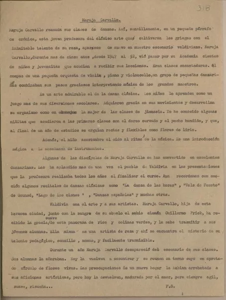 Maruja Carvallo  [manuscrito] Fernando Santiván.