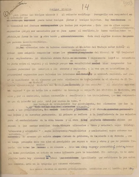 Huelgas mineras  [manuscrito] Fernando Santiván.
