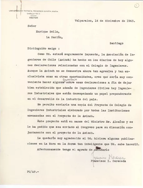 [Carta] 1943 dic. 14, Valparaíso, Chile [a] Joaquín Edwards Bello  [manuscrito] Francisco Cereceda.