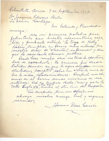 [Carta] 1957 sep. 7, Arica, Chile [a] Joaquín Edwards Bello  [manuscrito] Horacio Díaz Garcés.