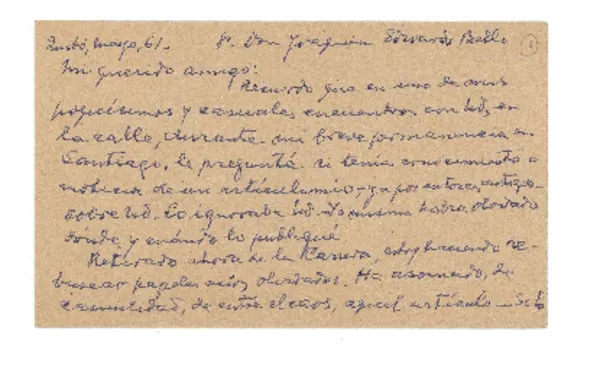 [Tarjeta] 1961 may. Quito, Ecuador [a] Joaquín Edwards Bello  [manuscrito] Gonzalo Zaldumbide.