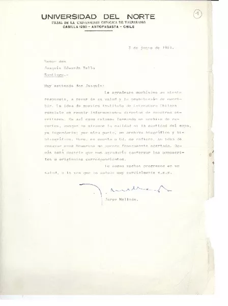 [Carta] 1961 jun. 3, Antofagasta, Chile [a] Joaquín Edwards Bello  [manuscrito] Jorge Mellado.