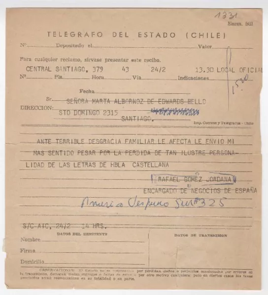 [Telegrama] 1968 marzo 24, Santiago [Chile] [a] Marta Albornoz  [manuscrito] Rafael Gómez Jordana.