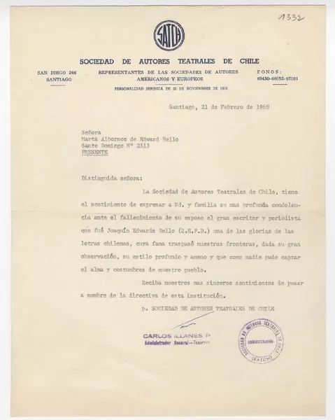 [Carta] 1968 febrero 21, Santiago, [Chile] [a] Marta Albornoz  [manuscrito] Sociedad de Autores Teatrales de Chile.