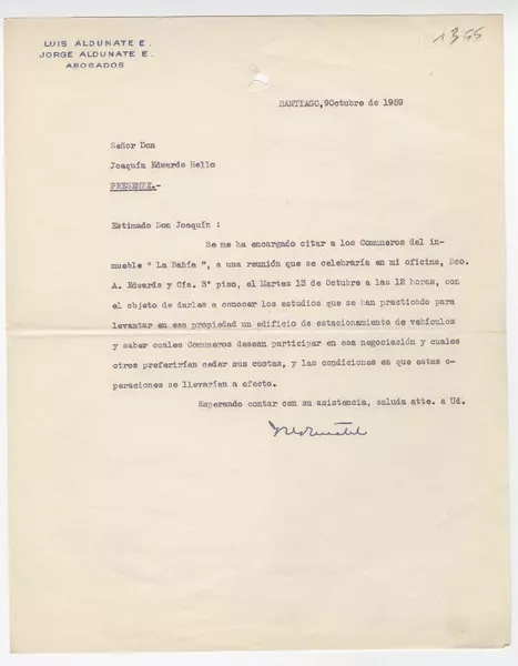 [Carta] 1959, octubre 9, Santiago, [Chile] [a] Joaquín Edwards Bello  [manuscrito] Jorge Aldunate E.