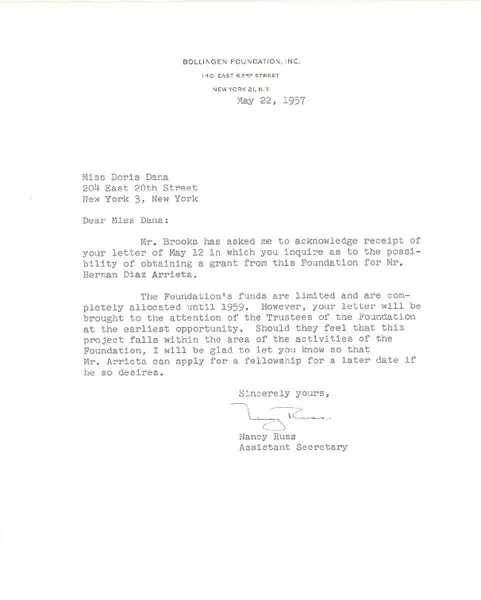 [Carta] 1957 may. 22, New York [a] Doris Dana, New York  [manuscrito] Nancy Russ.