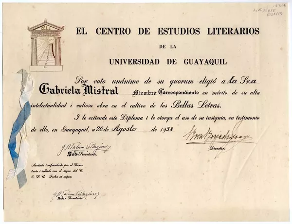 [Diploma] 1938 ago. 20, Guayaquil, Ecuador [a] Gabriela Mistral  [manuscrito] Centro de Estudios Literarios de la Universidad de Guayaquil.