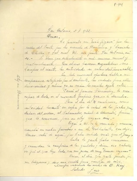 [Carta] 1933 may. 5, San Antonio, Chile [a] Luis Omar Cáceres  [manuscrito] Luis.