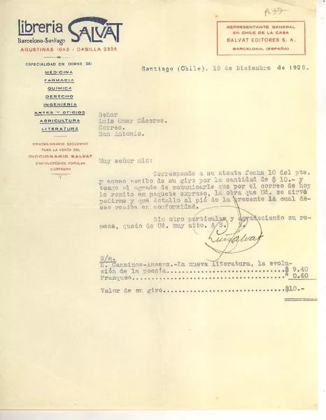 [Carta] 1928 dic. 15, Santiago, Chile [a] Luis Omar Cáceres, San Antonio, Chile  [manuscrito] Luis Salvat.