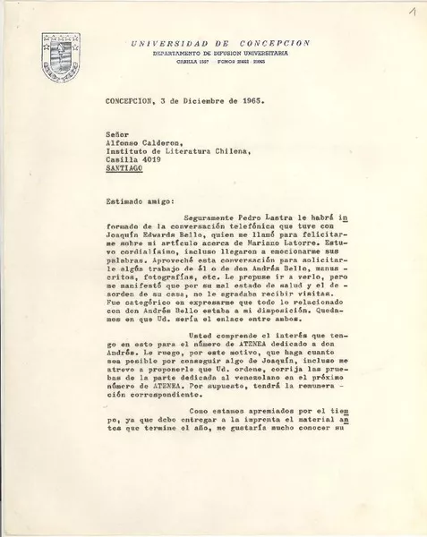 [Carta] entre 1965 y 1966, Concepción, Chile [a] Alfonso Calderón, Santiago, Chile  [Manuscrito] Milton Rossel.