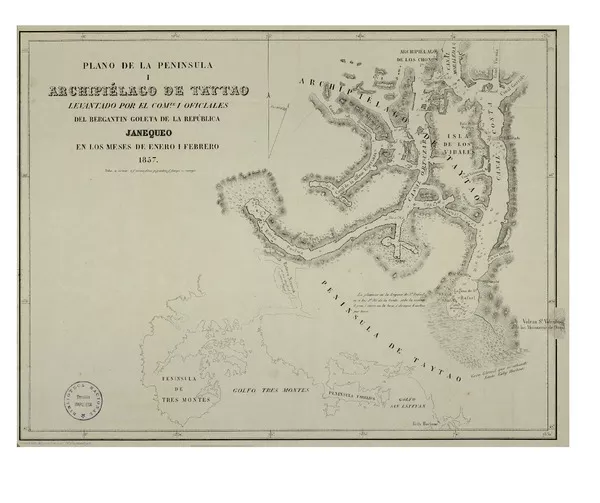 Plano de la Península i Archipiélago de Taytao  [material cartográfico] levantado por el Comte. i Oficiales del Bergantín Goleta de la República Janequeo en los meses de enero i febrero 1857 ; grabado en piedra por No. Desmadryl.