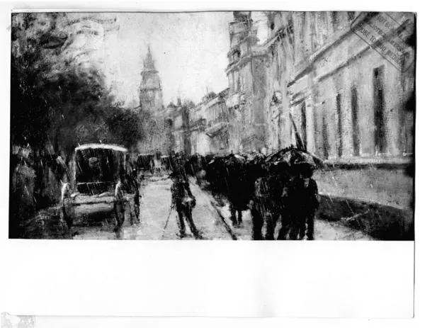 [Calle Alameda, en un día de lluvia, pintura titulada "Alameda Bernardo O'Higgins"]  [fotografía].