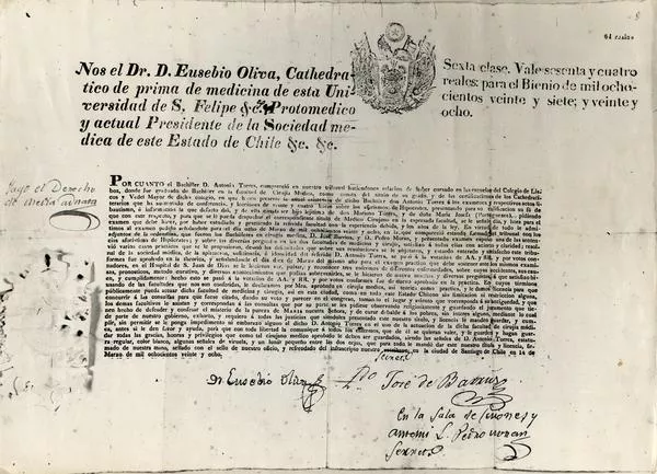 ["Nos el Dr. D. Eusebio Oliva, Cathedrático de prima de medicina de esta Universidad de S. Felipe. Protomédico y actual Presidente de la Sociedad medica de este Estado de Chile..." fechado en la ciudad de Santiago de Chile en 14 de marzo de 1828]  [fotografía].