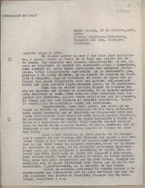 [Carta] 1947 febrero 18, Bahía Blanca, Argentina [a] Alberto Sepúlveda Contreras  [manuscrito] Juan Mujica de la Fuente.