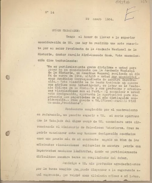 [Oficio consular N°14] 1964 enero 29, Lima, Perú [al] Embajador de Chile en Lima, Perú  [manuscrito] Juan Mujica de la Fuente.