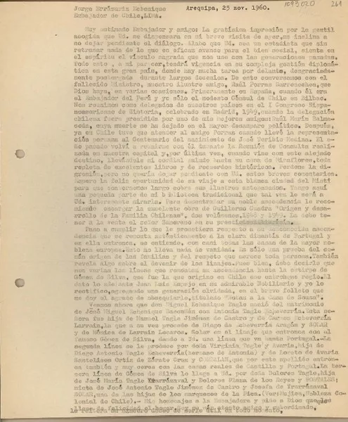 [Carta] 1960 noviembre 25, Arequipa, Perú [a] Jorge Errázuriz Echenique, Lima, Perú  [manuscrito] Juan Mujica de la Fuente.