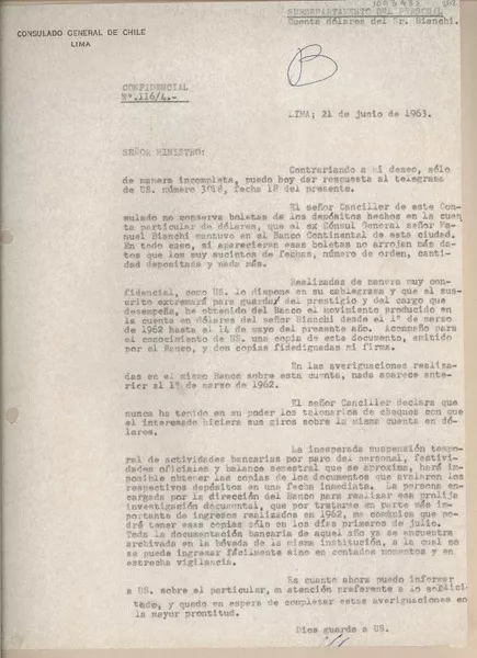 [Carta] 1963 junio 21, Lima, Perú [al] Ministro de Relaciones Exteriores, Santiago, Chile  [manuscrito] Juan Mujica de la Fuente.