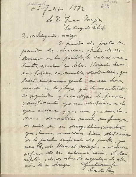 [Carta] 1972 junio 5, Madrid, España [a] Juan Mujica, Santiago, Chile  [manuscrito] Carlos Sanz.