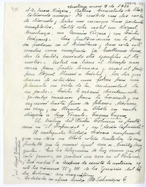 [Carta] 1936 enero 9, Santiago, Chile [a] Juan Mujica de la Fuente, Bilbao, España  [Manuscrito] José Miguel Echenique Gandarillas.