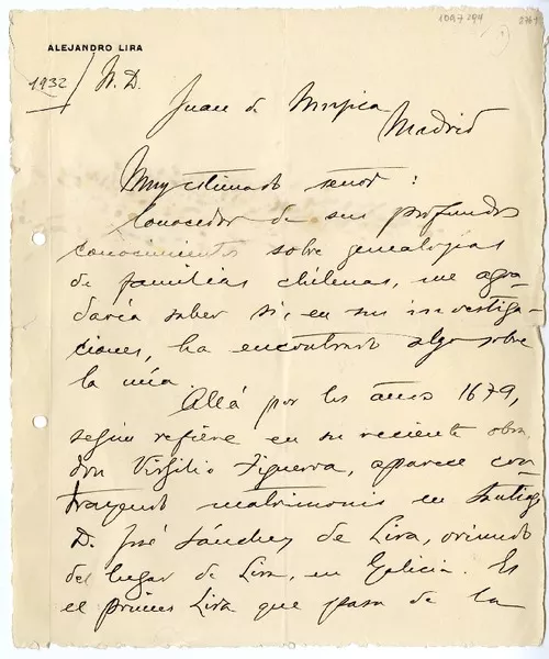[Carta] 1932 mayo 17, Santiago, Chile [a] Juan Mujica de la Fuente, Madrid, España  [manuscrito] Alejandro Lira Lira.