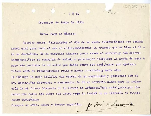 [Carta] 1930 junio 24, Tolosa, España [a] Juan Mujica de la Fuente  [manuscrito] José A. de Lisarralde.