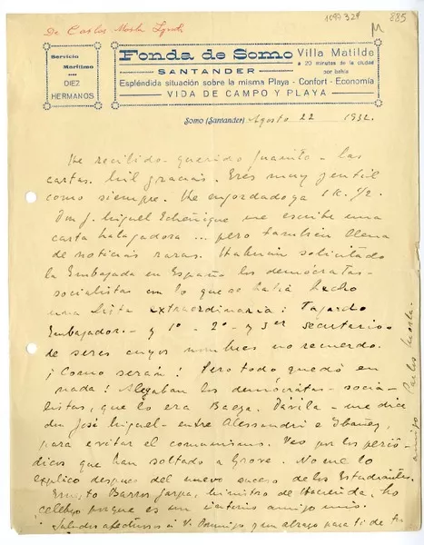 [Carta] 1932 agosto 22, Santander, España [a] Juan Mujica de la Fuente  [manuscrito] Carlos Morla Lynch.