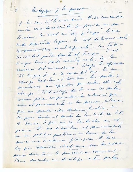 Heidegger y la poesía  [manuscrito] Humberto Díaz-Casanueva.