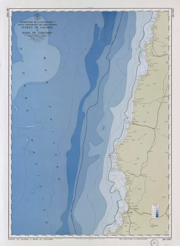 Puerto de Caldera a Bahía de Coquimbo delimitación de la plataforma y talud continental del mar chileno [material cartográfico] : por el Instituto Hidrográfico de la Armada de Chile.