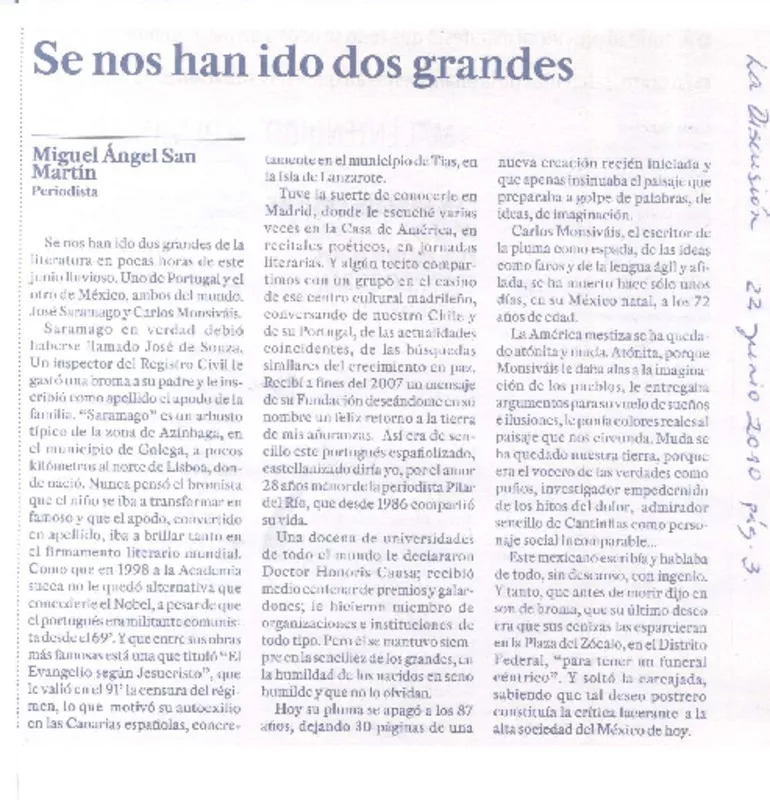 Se nos han ido dos grandes  [artículo] Miguel Ángel San Martín.