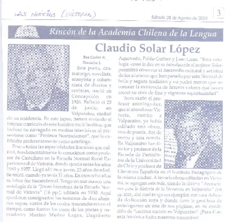 Claudio Solar López  [artículo] Carlos René Ibacache I.