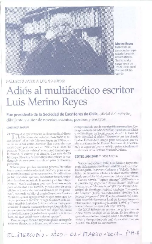 Adiós al multifacético escritor Luis Merino Reyes  [artículo] Constanza Rojas V.