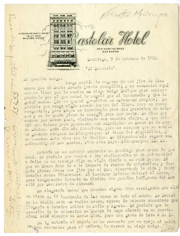 [Carta] 1950 octubre 9, Santiago, Chile [a] Pedro Olmos  [manuscrito] Ernesto Montenegro.