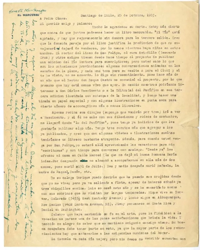 [Carta] 1953 octubre 25, Santiago, Chile [a] Pedro Olmos  [manuscrito] Ernesto Montenegro.