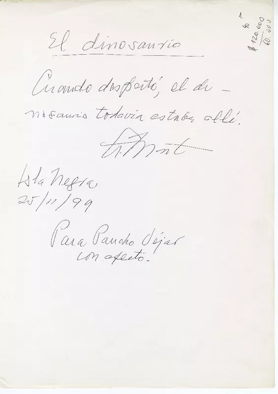 El dinosaurio  [manuscrito] Augusto Monterroso.