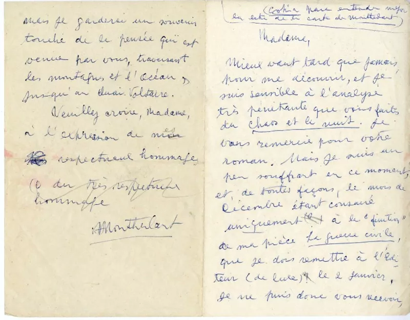 [Carta] 1963 diciembre 5, Paris, Francia [a] Magdalena Petit  [manuscrito] Henri de Montherlant; traducción al español por Magdalena Petit.