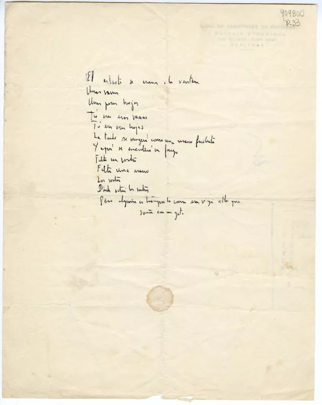 [El arbusto se asoma a la ventana...]  [manuscrito] Jorge Teillier.