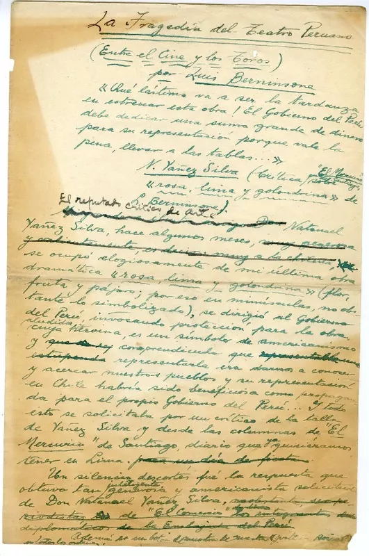 La tragedia del teatro peruano  [manuscrito] Luis Berninsone.